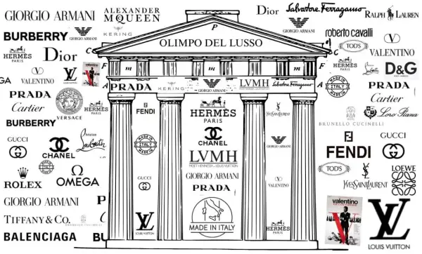 Un tempio stilizzato celebra le marche francesi famose e internazionali del lusso, con loghi come Chanel, Dior, Louis Vuitton e Hermès.