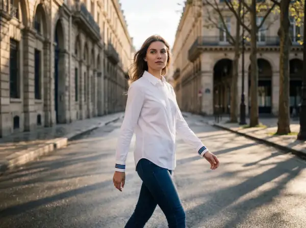 Donna con camicia bianca e jeans cammina per strada. Sotto la camicia bianca, un top a canotta o un body sono ideali.