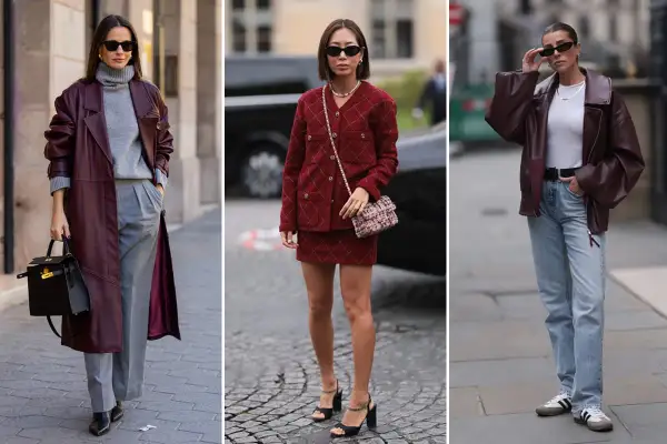 Tre look eleganti con il color vinaccia: cappotto in pelle con grigio, tailleur con mini gonna e giacca biker con jeans. Abbinamenti perfetti per ogni occasione.