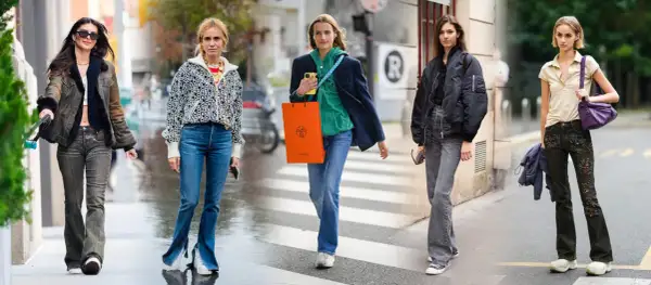 Cinque donne mostrano come abbinare le scarpe ai pantaloni a zampa: sneakers, stivali e sabot.