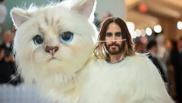 Jared Leto al Met Gala, con un outfit peloso e un gatto gigante, un'apparizione che ha fatto storia.