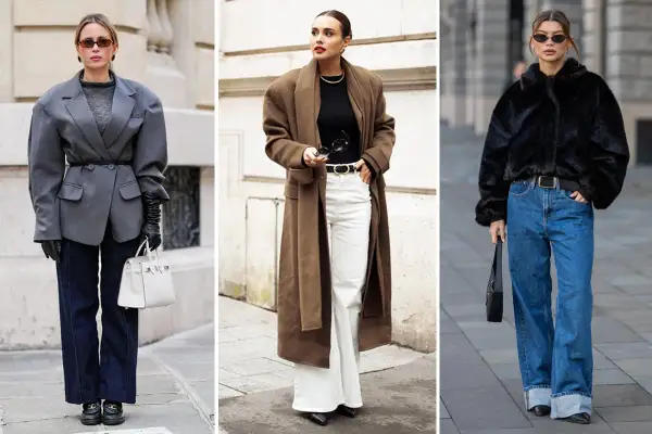 Tre donne sfoggiano un outfit con jeans per la sera: blazer grigio oversize, cappotto marrone lungo e giacca in pelliccia nera.