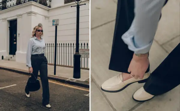 Scarpe per tailleur pantalone: mocassini chiari completano un look elegante con pantaloni scuri e camicia a righe.