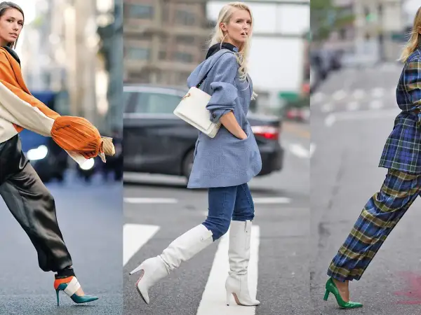 Tre donne sfoggiano eleganti outfit autunnali: un look con maniche arancioni e pantaloni satinati, uno con blazer azzurro e stivali bianchi, e uno con completo a quadri e décolleté verdi.