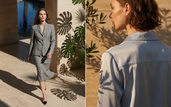 Eleganza sobria per una comunione: tailleur grigio chic e camicia azzurra.