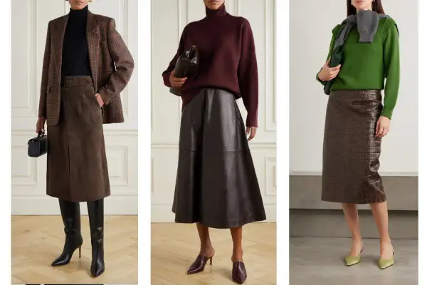 Tre modi eleganti per abbinare il marrone: gonna scamosciata con blazer a quadri, gonna in pelle con maglione bordeaux, gonna effetto coccodrillo con maglione verde.