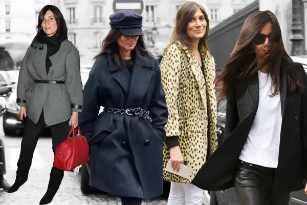 Quattro donne eleganti, tra cui Emmanuelle Alt, sfoggiano cappotti chic e borse di lusso per le strade di Parigi.