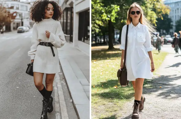 Due donne con abiti bianchi. Una con stivali neri, l'altra con stivali marroni. Come abbinare scarpe a un abito bianco e nero?