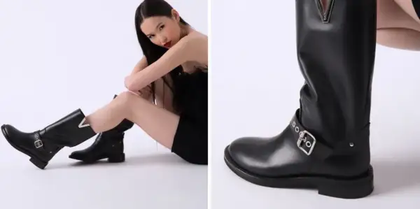 Modelli di stivali neri in pelle, con fibbie e dettagli metallici. Una donna li indossa seduta, mentre l'altra immagine mostra un primo piano di uno stivale.