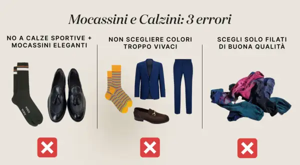Guida su come indossare i mocassini donna: evita calze sportive, colori troppo vivaci e filati di bassa qualità. Scegli eleganza.