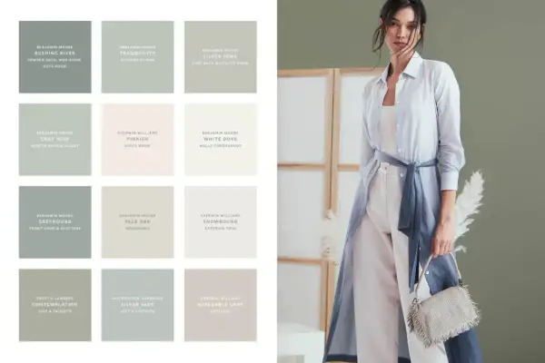 Palette di colori che dimostrano come beige e grigio stanno bene insieme, con campioni di vernice e una modella che indossa abiti nei toni neutri.