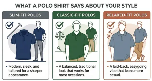 Guida allo stile: l'outfit polo uomo si declina in slim-fit (moderno), classic-fit (tradizionale) e relaxed-fit (casual).