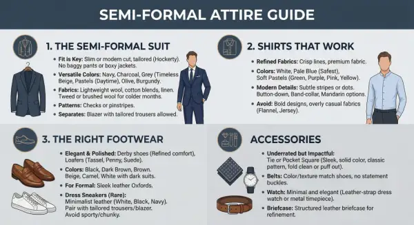 Guida all'abbigliamento semi-formale: abiti sartoriali, camicie raffinate, scarpe eleganti e accessori curati per un look impeccabile.