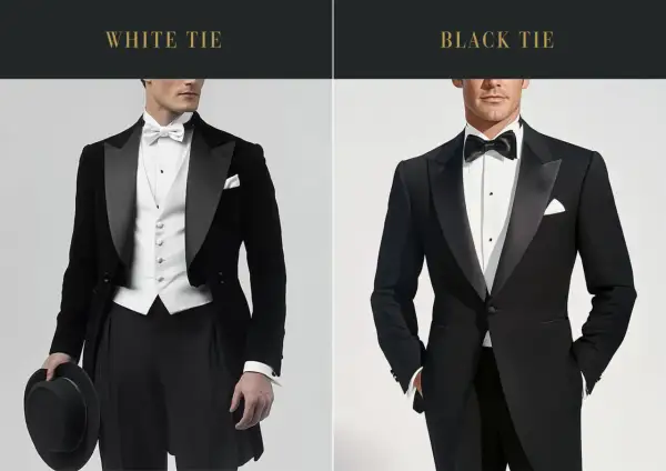 Uomo con frac e panciotto bianco, papillon bianco, cappello in mano. Eleganza per un evento "white tie".