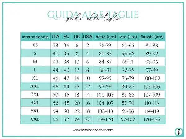 Guida taglie: la taglia 25 corrisponde a una taglia internazionale XS, con petto 76-79 cm, vita 63-65 cm e fianchi 85-88 cm.