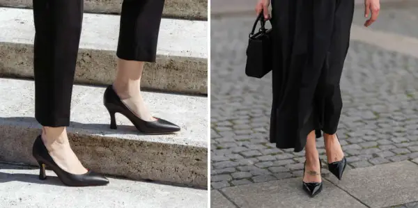 Eleganza in nero: un outfit decolleté tacco basso, perfetto per ogni occasione.