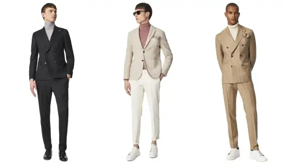 Uomo in abito con giacca beige, un look elegante e moderno.