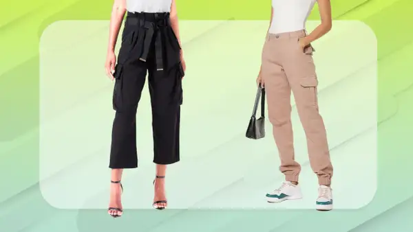 Due outfit con cargo donna: uno nero con sandali eleganti, l'altro beige con sneakers casual.