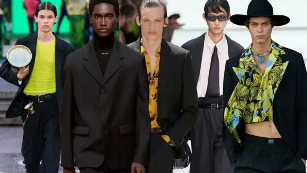 Modelli con abito nero uomo, camicia colorata e cravatta. Stili diversi per un look audace.
