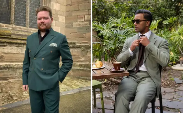 Uomo con abito verde smeraldo, perfetto per un matrimonio. L'abbinamento scarpe è essenziale per completare il look.