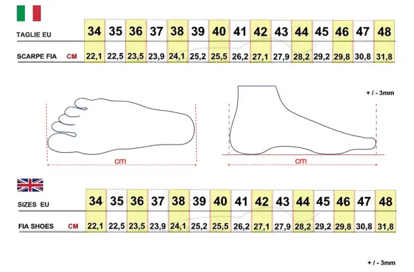 Tabella taglie FIA per scarpe, con misure in cm e taglie EU. Aiuta a trovare la misura giusta, evitando problemi con le taglie americane.