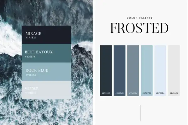 Palette "Frosted" con tonalità blu e grigio che stanno bene insieme, ispirata a onde marine e spruzzi d'acqua.
