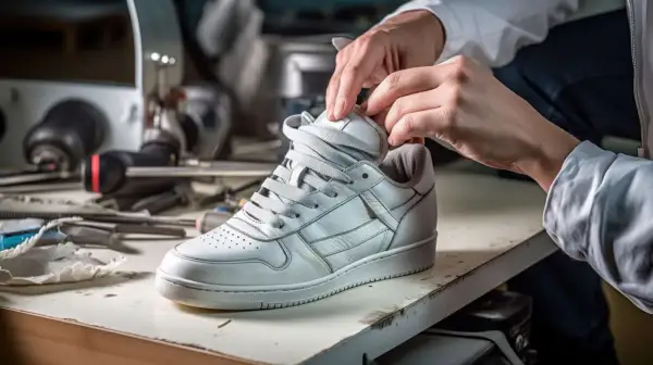 Mani che lavorano su una scarpa bianca, mostrando come allargare le scarpe strette in punta con attrezzi da calzolaio.