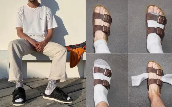 Un uomo indossa Birkenstock con calzini, mostrando diverse angolazioni e stili di calzini abbinati ai sandali.