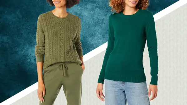 Due maglioni verdi, uno a trecce con pantaloni sportivi, l'altro liscio con jeans. Un perfetto abbinamento maglione verde per ogni occasione.