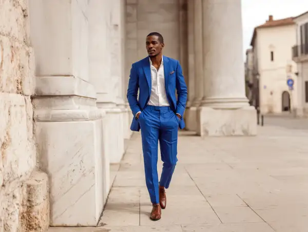 Uomo con abito blu elegante, camicia bianca e scarpe marroni. Un look perfetto per ogni occasione.