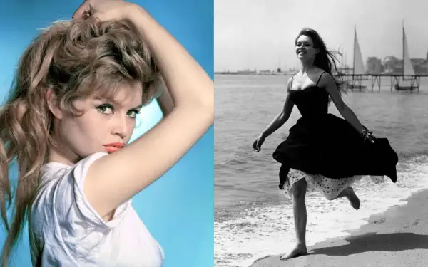 Brigitte Bardot giovane, icona di stile, in un primo piano sensuale e poi in una corsa gioiosa sulla spiaggia.
