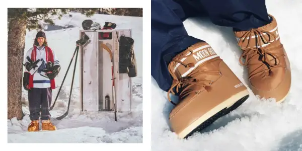 Giovane giocatore di hockey con un completo da hockey e stivali Moon Boot dorati, pronto per il ghiaccio.