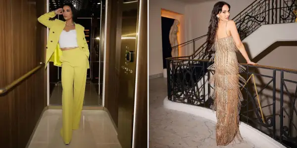 Donna in elegante tailleur giallo e abito da sera dorato con frange, mostrando diversi tipi di vestiti con nomi diversi.