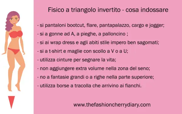 Consigli di stile per un fisico a triangolo invertito: pantaloni flare, gonne ad A, cinture per segnare la vita. Evita volumi sul seno.