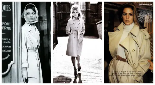 Audrey Hepburn, Kate Moss e Cindy Crawford: icone di stile che dimostrano cos'è il trench, un capo intramontabile.